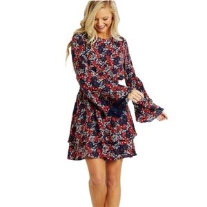 Altar’d State Navy Red Floral Fairy Boho Feminine Lace Flare Sleeve Dress Medium